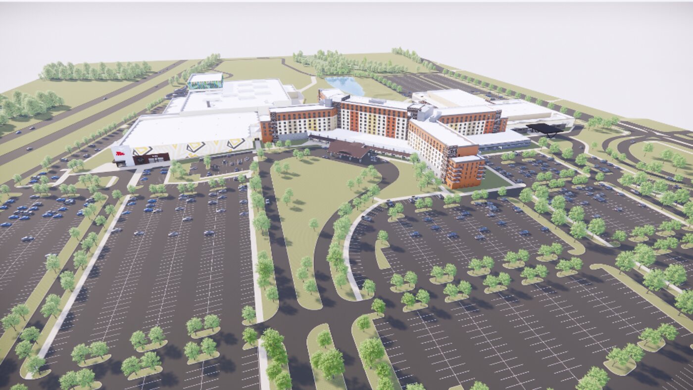 Aerial rendering of the completed Kalahari Spotsylvania resort showing the hotel wings, the waterpark and convention halls, and surrounding surface parking lots.