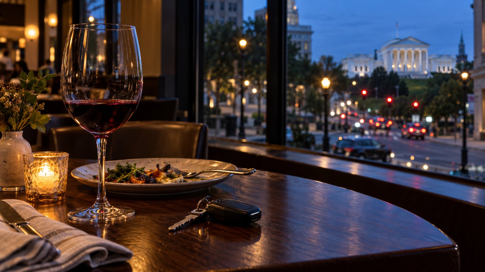 A glass of red wine, a finished plate and a set of car keys on a restaurant table by a window at dusk, with the Virginia State Capitol lit on the hill in the distance and traffic on the street below.