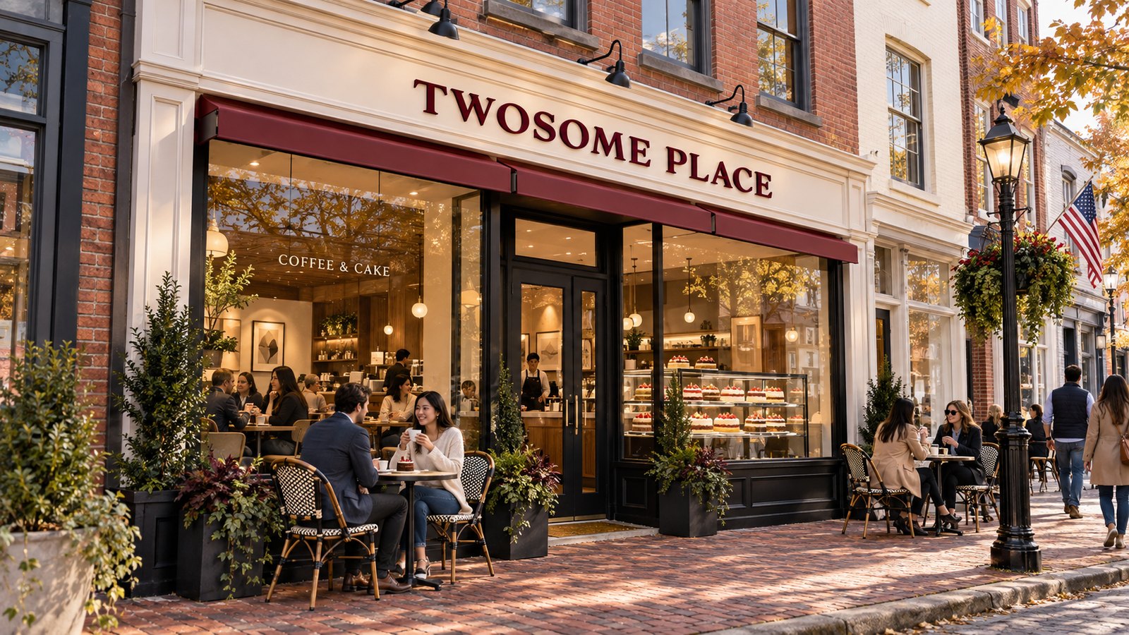Illustration of a corner café with Twosome Place lettering above a red awning, a lit cake case in the window and sidewalk tables on a brick pavement in a historic red brick block.