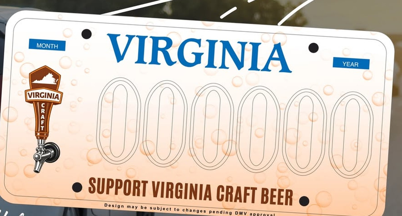 The proposed Virginia craft beer specialty license plate: VIRGINIA in blue across the top, a beer tap handle bearing a Virginia state outline and the words Virginia Craft at the left, a background of amber beer bubbles, and SUPPORT VIRGINIA CRAFT BEER along the bottom.